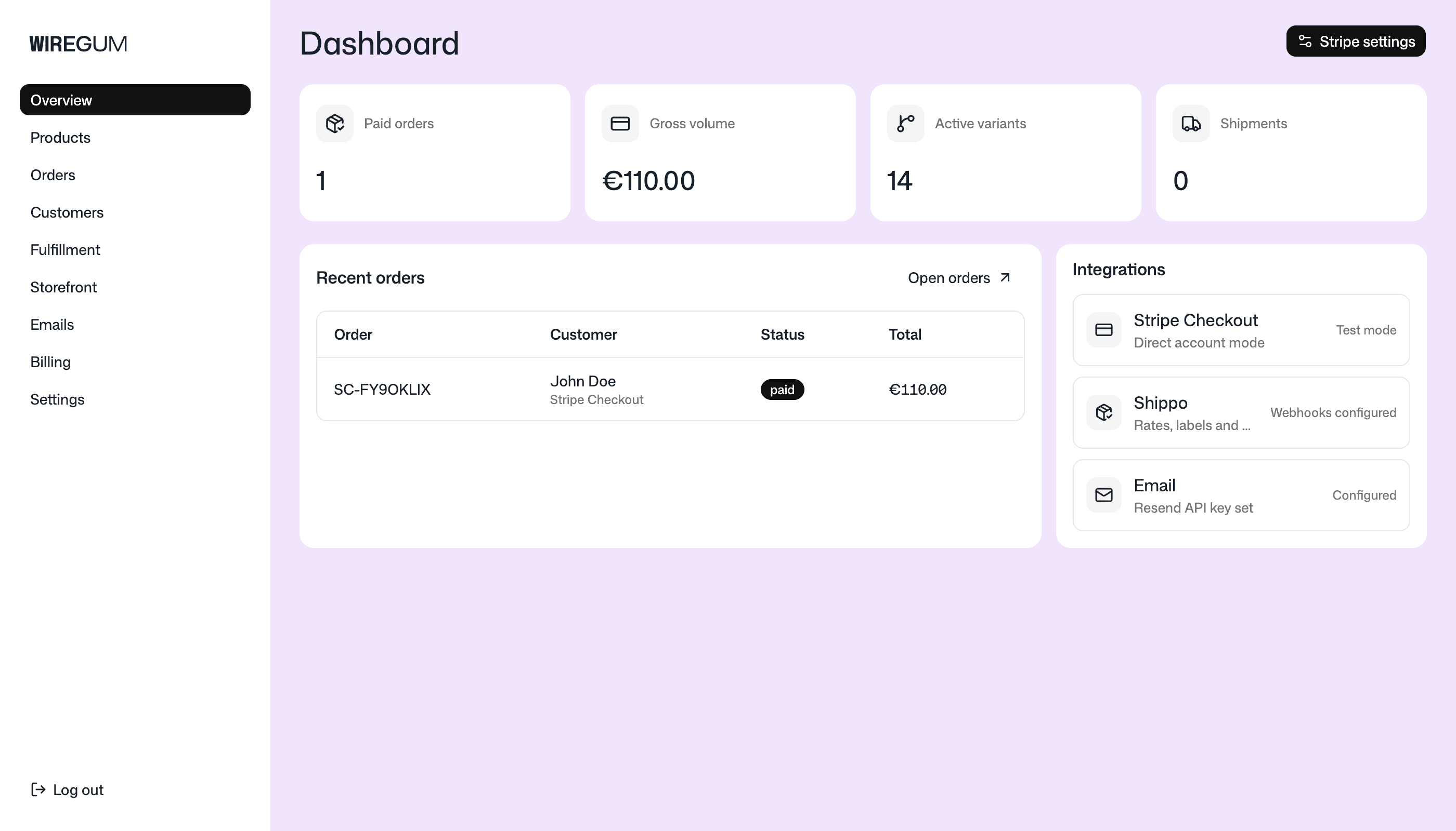 WireGum dashboard with commerce metrics, recent orders and integration status